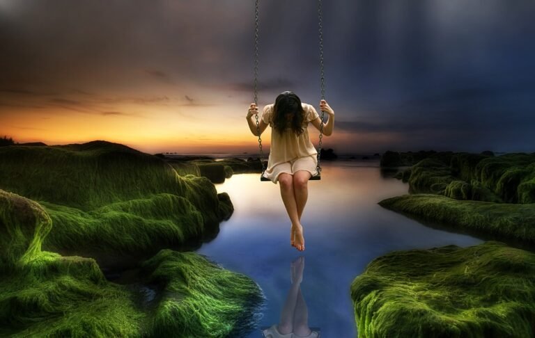 orphaned again why me sad girl swinging over water